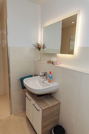 Dusche, Haartrockner, Handtücher, Seife