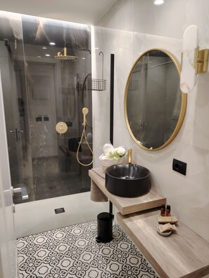 Shower, hair dryer, bidet, towels