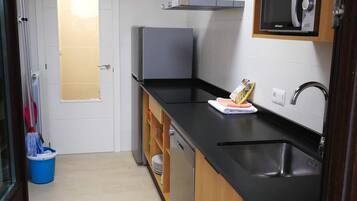 Family Apartment, City View | Private kitchen | Full-size fridge, microwave, stovetop, dishwasher