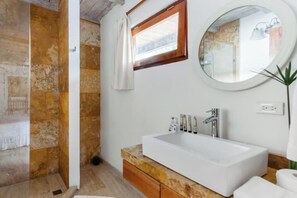 Hair dryer, towels, soap, toilet paper