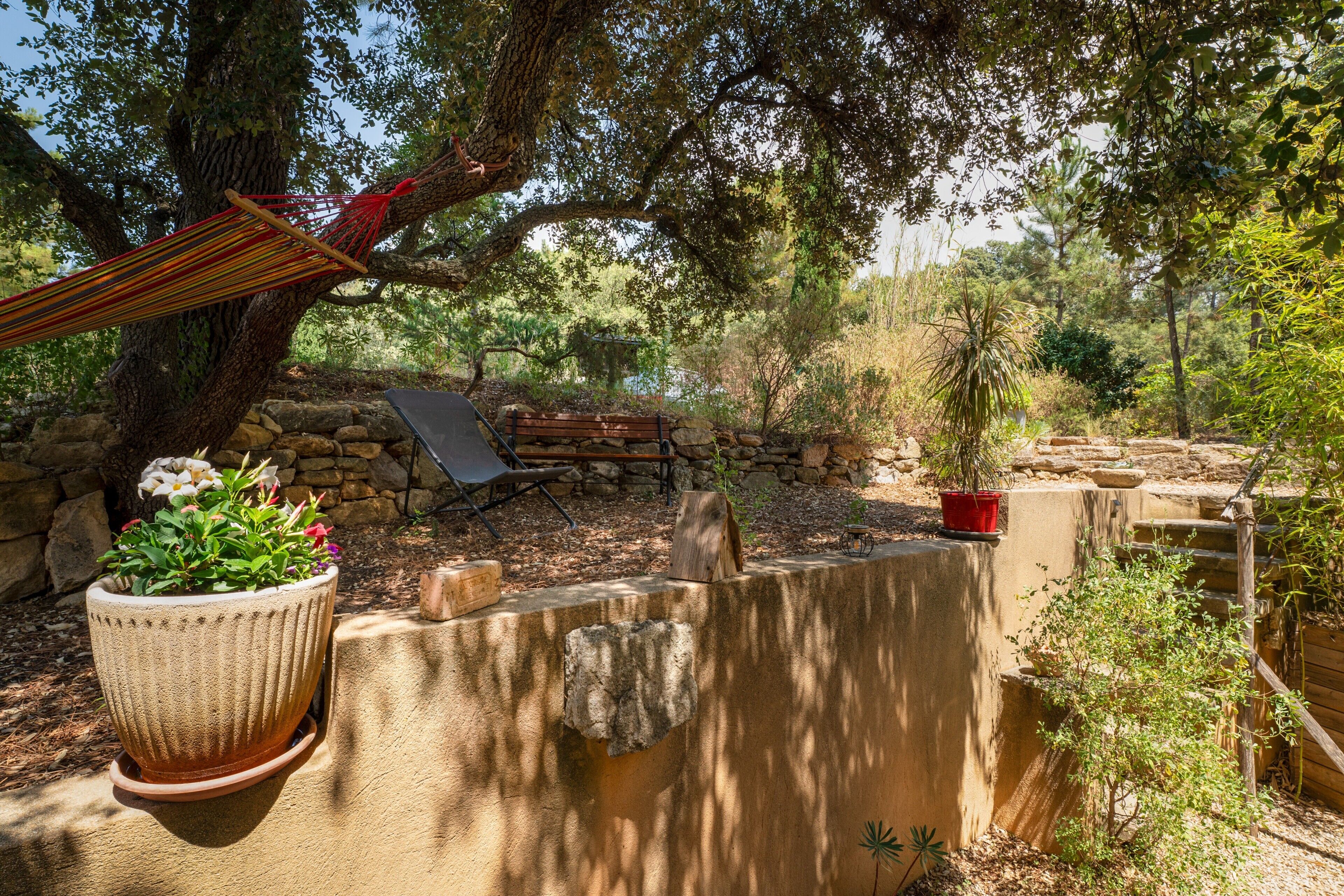 Una hamaca, un banco, una planta en maceta y un muro de piedra en un jardín.
