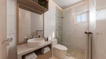 Dusche, Haartrockner, Handtücher, Seife