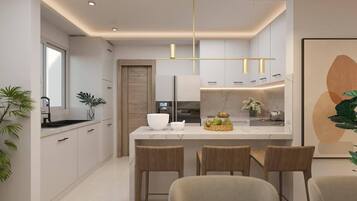 Großer Kühlschrank, Mikrowelle, Ofen, Herdplatte