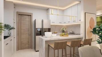 Großer Kühlschrank, Mikrowelle, Ofen, Herdplatte