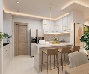 Grand réfrigérateur, micro-ondes, four, plaque de cuisson