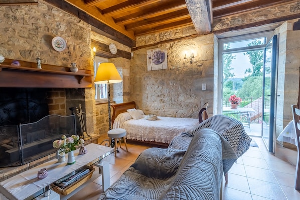 A cozy room with a fireplace, a bed, a sofa, and a view of the garden through a glass door.