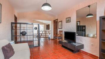 Una televisión, una chimenea