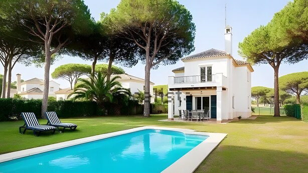 Una casa moderna con piscina, dos sillones de descanso y un césped cuidado.