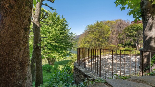 Un camí de pedra amb barana metàl·lica, envoltat d'arbres i vegetació.