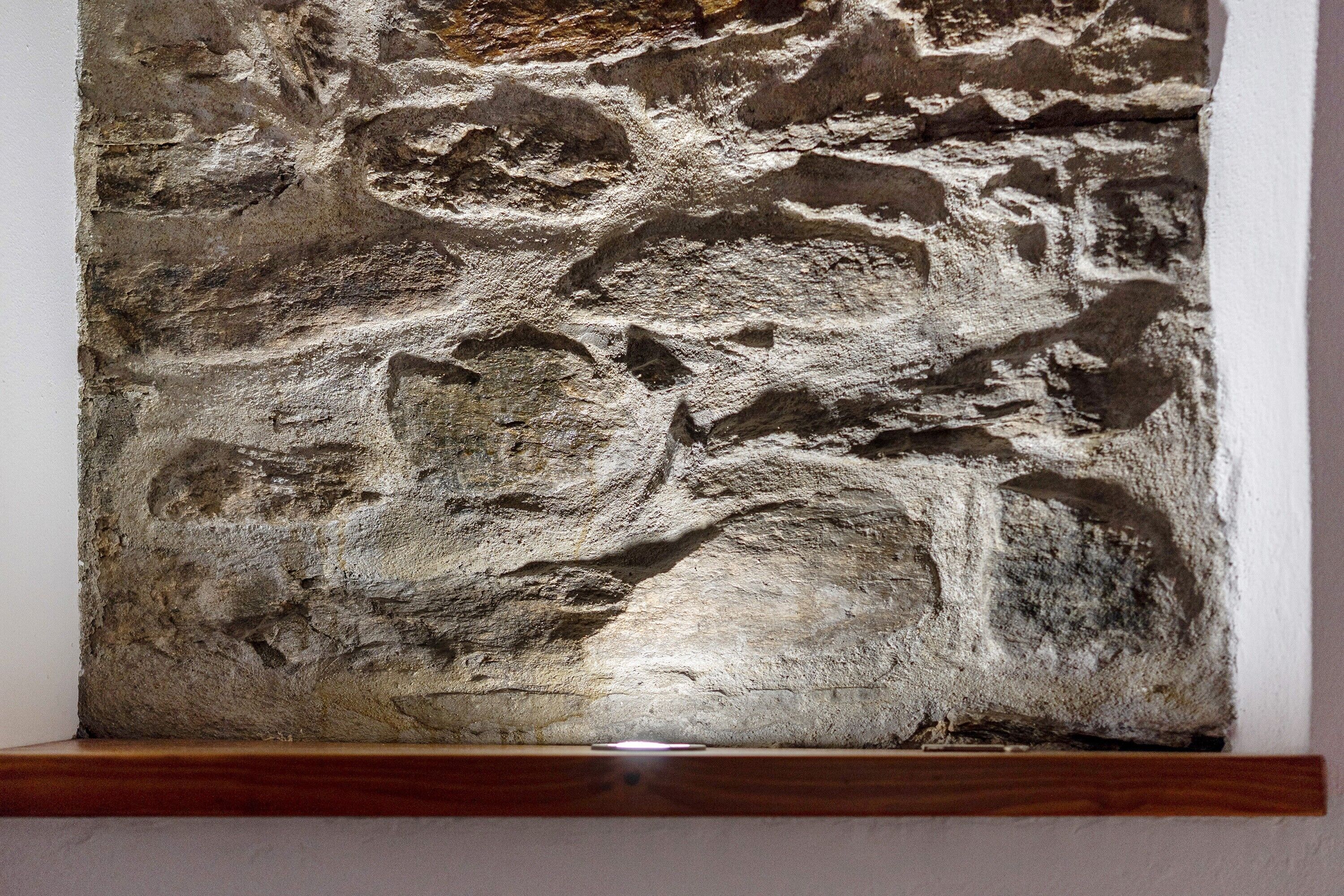 Un mur en pierre à la texture particulière, avec une base en bois.