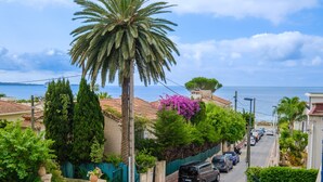 Une rue résidentielle située sur la côte, bordée de voitures garées, avec un palmier et des maisons aux toits recouverts de tuiles rouges.