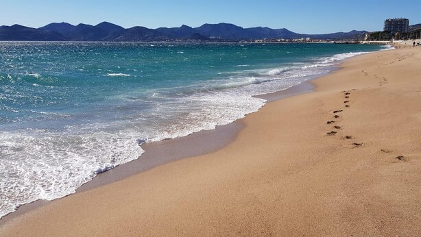 Une plage où l’on voit des empreintes de pas menant à l’eau, des montagnes en arrière-plan et un ciel dégagé.