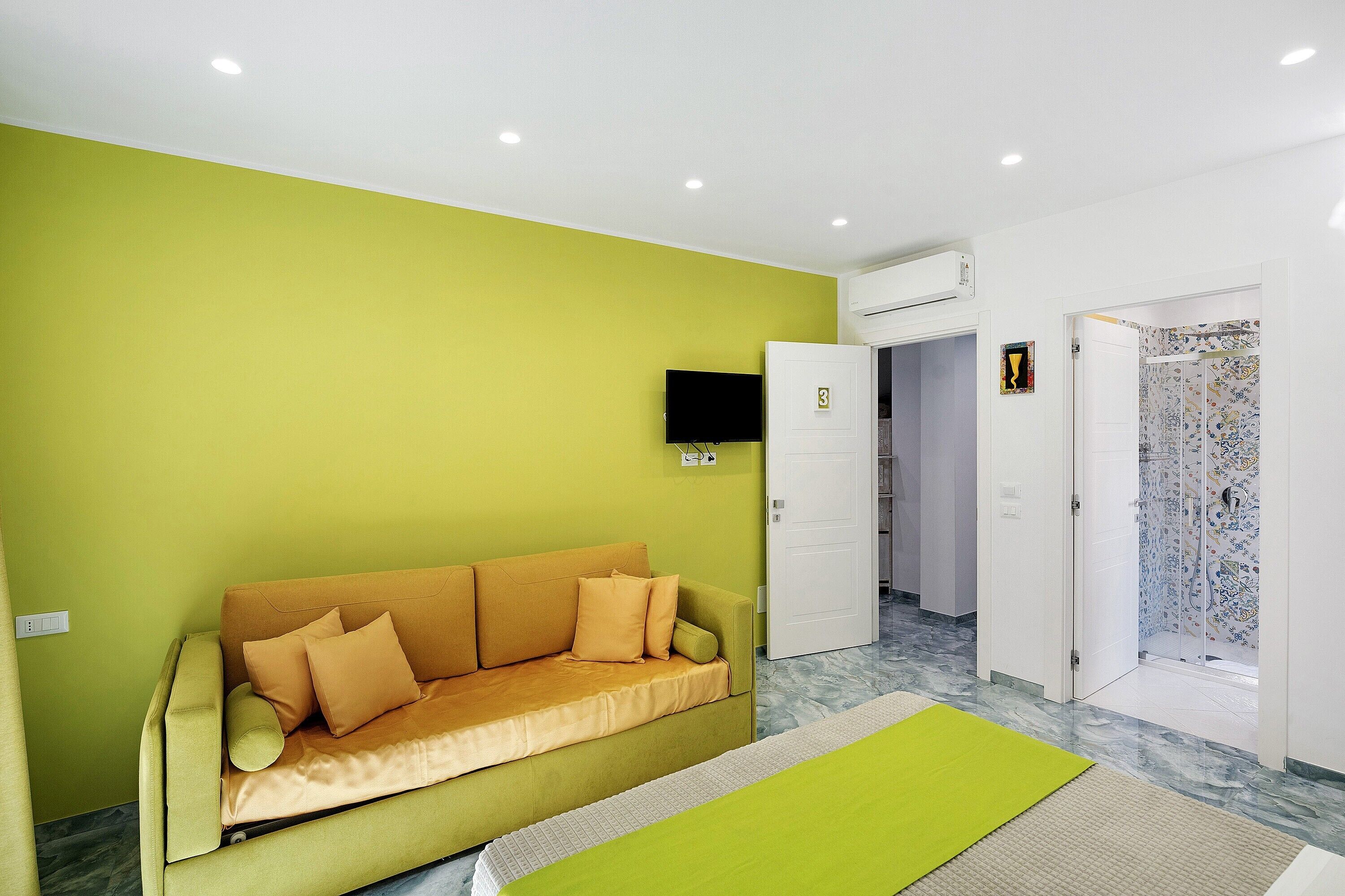 Una habitación con sofá, televisión, aire acondicionado y zona de ducha.