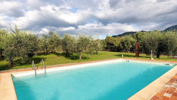 A rectangular swimming pool with metal ladders, surrounded by a brick border, and a grassy area with trees and a hill in the background. - Villa 'Ringo' with Private Pool, Private Garden and Wi-Fi (Capannori)
