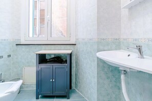 Shower, hair dryer, bidet, towels