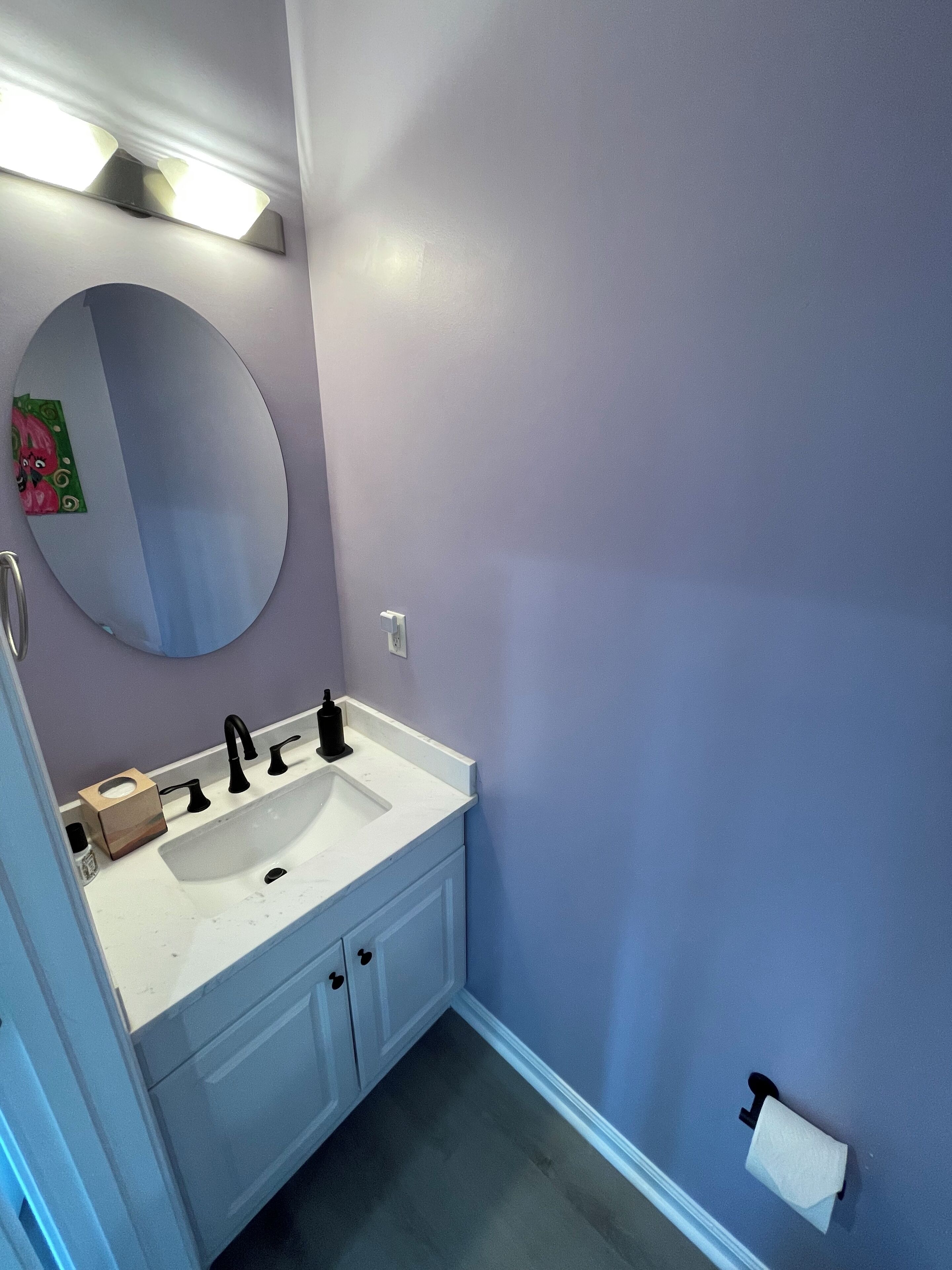 Une salle de bain avec un lavabo blanc, un miroir rond et un porte-rouleau de papier toilette fixé au mur.