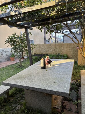 En bänk av sten under en träpergola, omgiven av klätterväxter, gräs och en stenmur.
