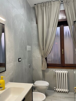 Hair dryer, towels, soap, toilet paper