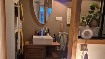 Hair dryer, towels, soap, toilet paper