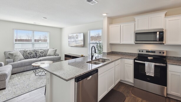 A modern kitchen with white cabinets, a stainless steel dishwasher, a black oven, and a microwave. - Raceday Getaway, 3BR/2.5BA home right across from Bristol Motor Speedway! (Bristol)