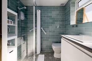 Shower, hair dryer, towels