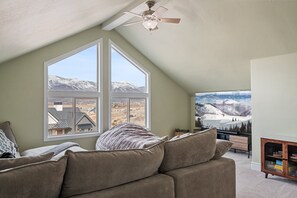 Smart TV, fireplace, books, offices