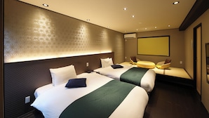 A hotel room with two beds, a patterned wall, recessed ceiling lights, and a window with blinds. - Ayanishiki Shimabara-Omon Residence (Kyoto)