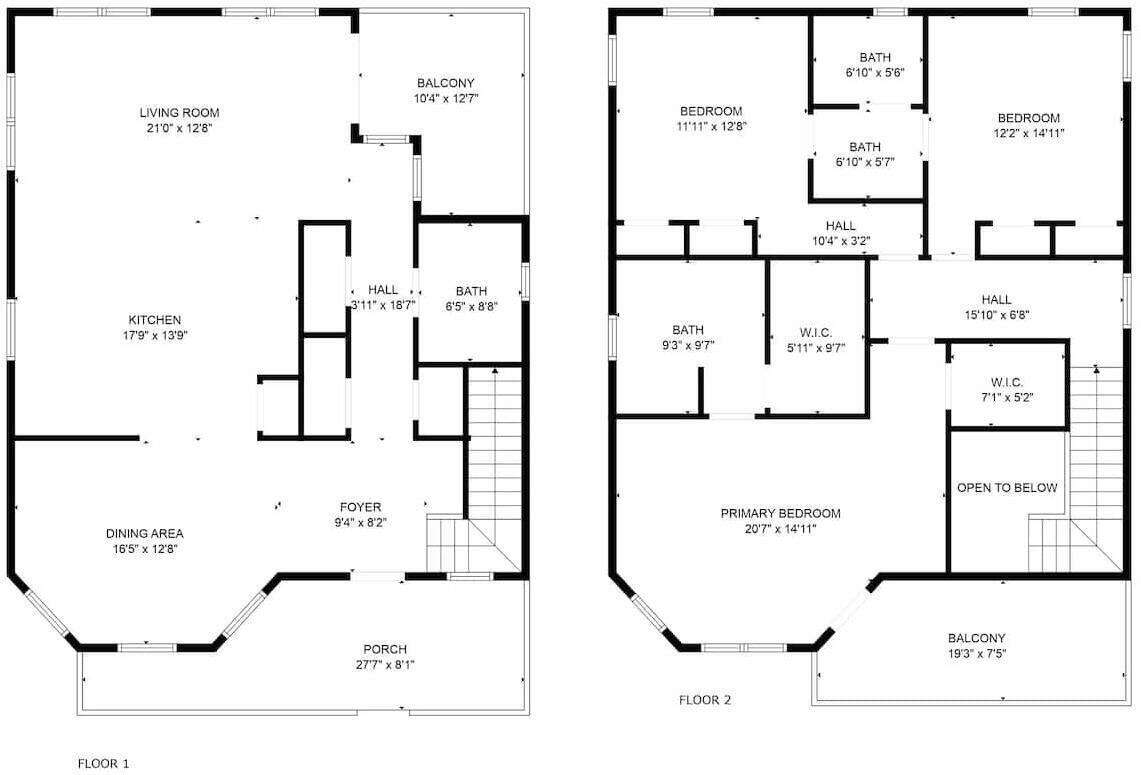Two floor plans of a hotel with a living room, balcony, kitchen, dining area, foyer, and bedrooms.