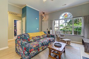 Smart TV, fireplace, books