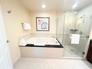 Jetted bath, towels, soap, shampoo