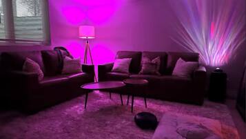 Smart TV, fireplace, books, stereo