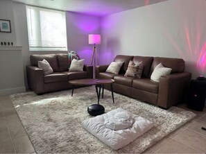 Smart TV, fireplace, books, stereo