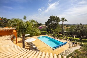 A swimming pool with lounge chairs and umbrellas, surrounded by palm trees and a view of the countryside.