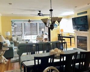 Télévision, cheminée, lecteur de DVD