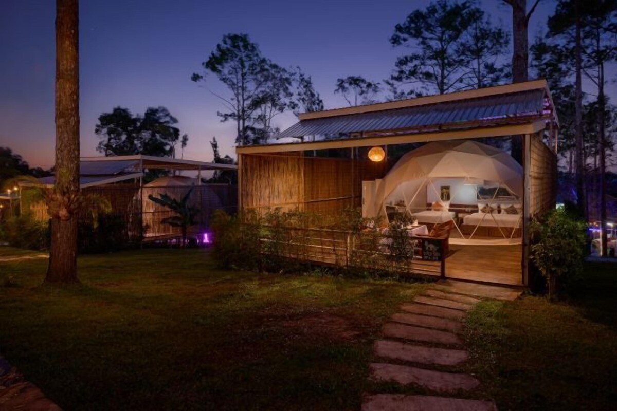 A dome-shaped tent with a wooden exterior, a small porch area, and a pathway leading to it.