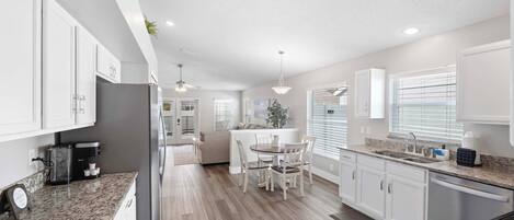 Fridge, microwave, dishwasher, coffee/tea maker