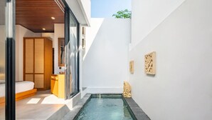 Um interior moderno com uma pequena piscina, móveis de madeira e obras de arte nas paredes.