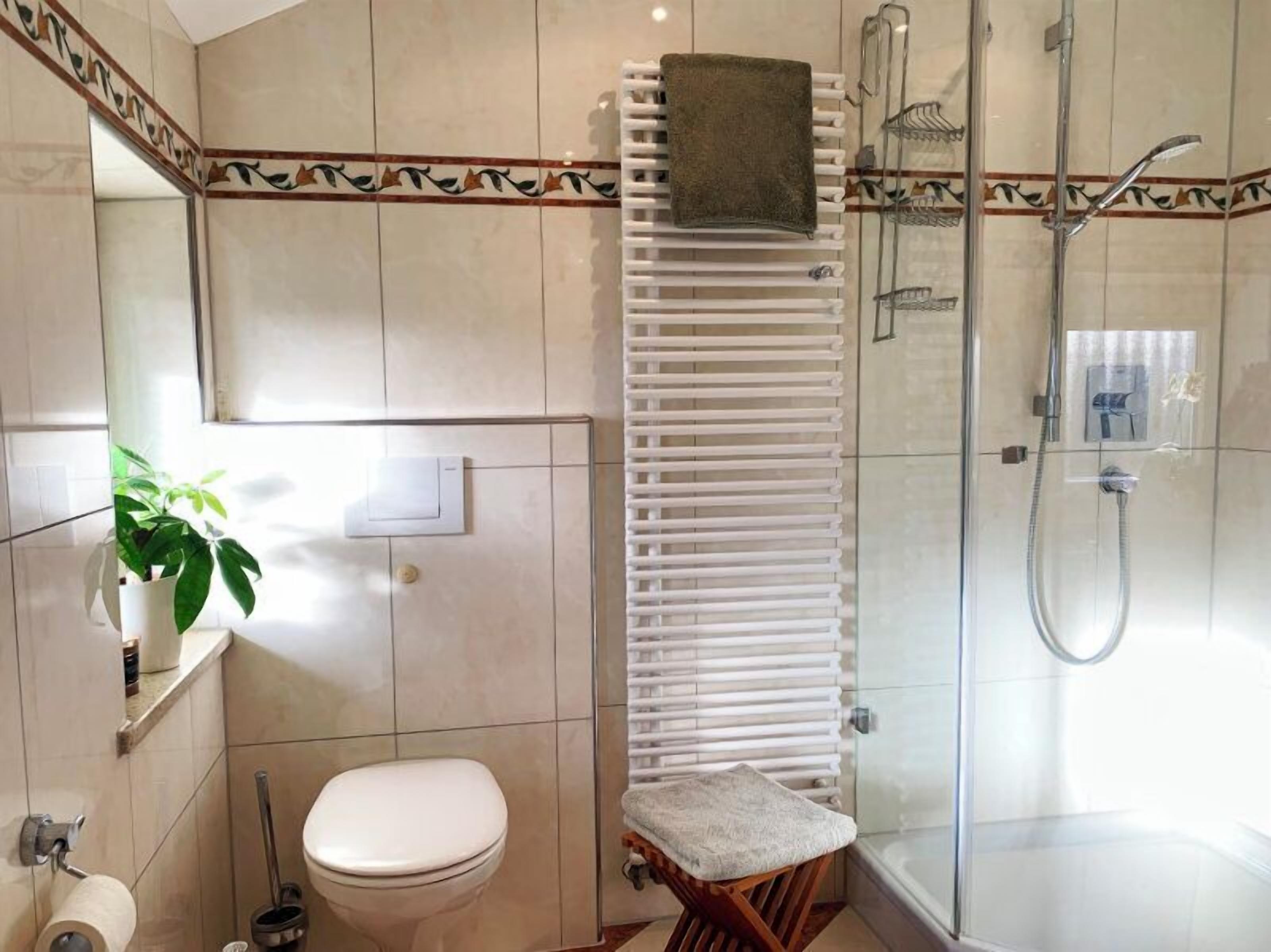 Un baño con inodoro, ducha y toallero.