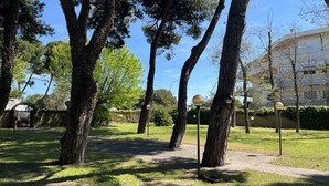A park with tall trees, a paved path, and a building in the background. - Villa Riviera 287 - Appartamento Mare (Pescara)