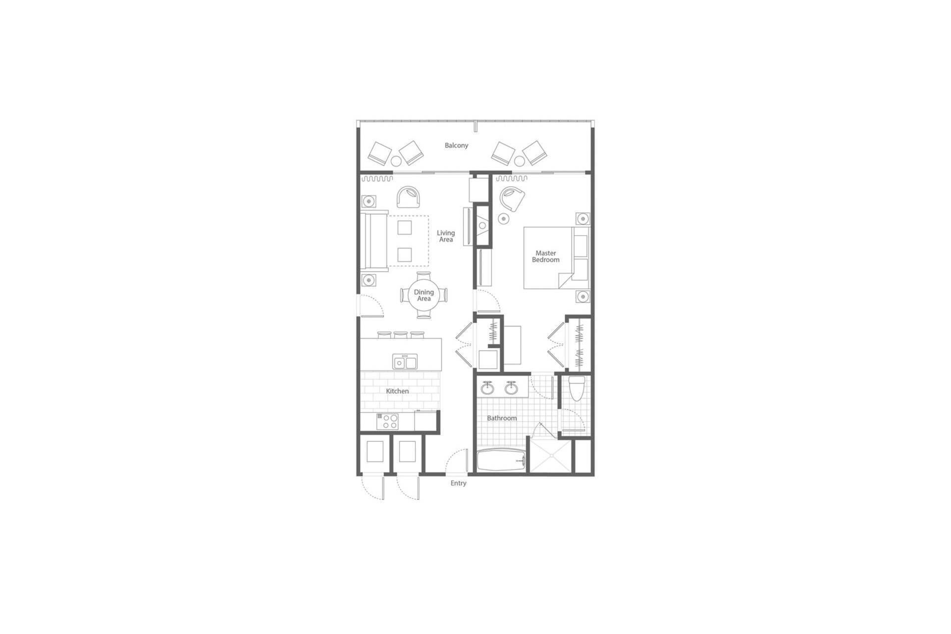 A floor plan of a hotel with a living area, dining area, kitchen, master bedroom, and bathroom.