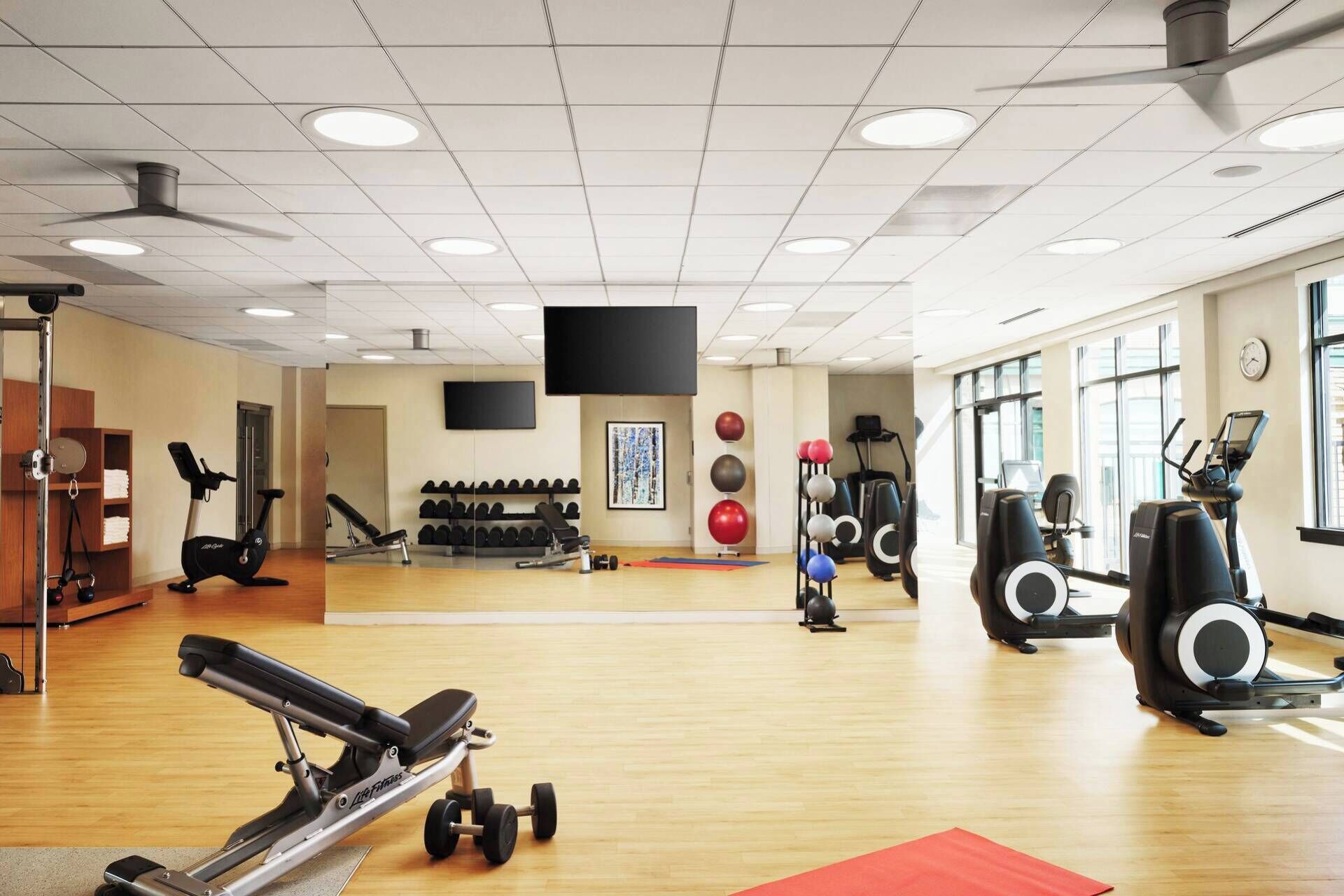 A gym with cardio machines, free weights, and a mirror.