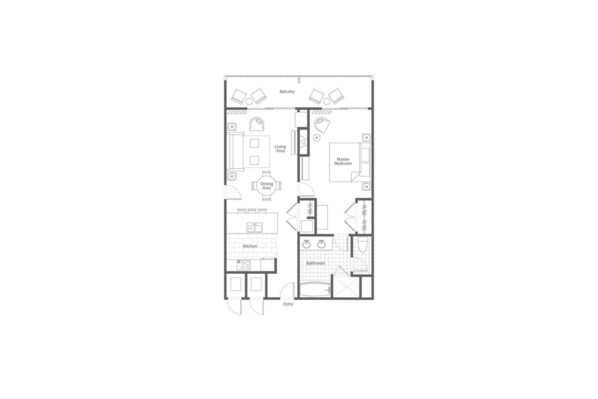 A floor plan of a hotel with a living area, dining area, kitchen, master bedroom, and bathroom.