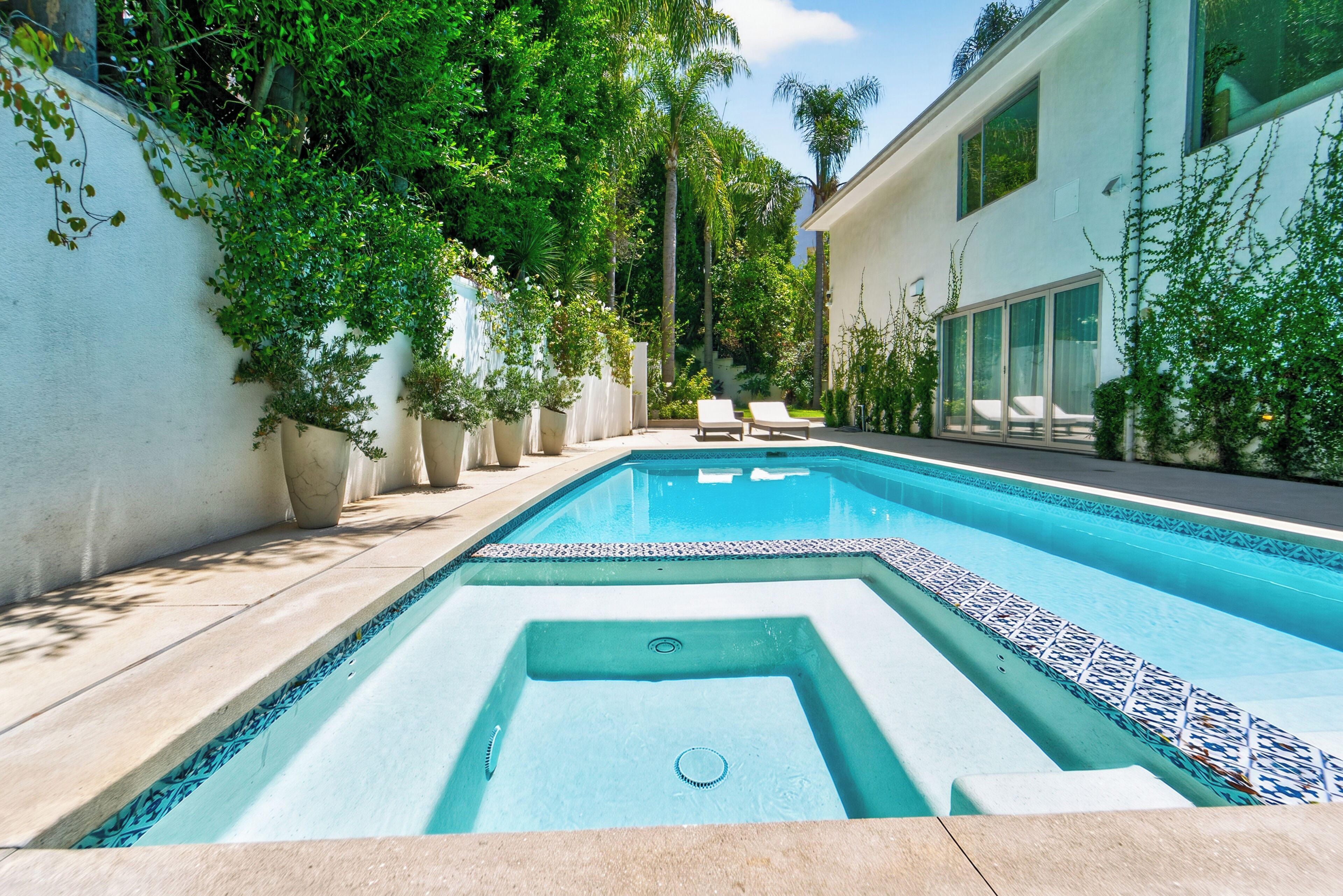 Una piscina rectangular con borde de azulejos, rodeada por una plataforma de concreto y un muro blanco con plantas trepadoras.