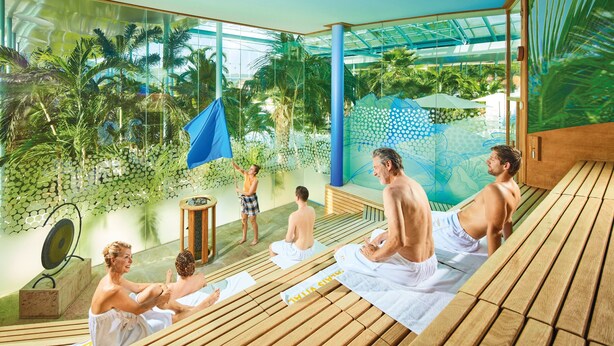 A spa area with wooden benches, a glass wall, and a view of palm trees. - Apartment '45qm' with Mountain View, Shared Garden and Wi-Fi (Schonach im Schwarzwald)