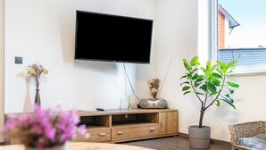 Un salon moderne doté d’un téléviseur à écran plat, d’un meuble de rangement en bois, de plantes en pot et d’un fauteuil en osier.