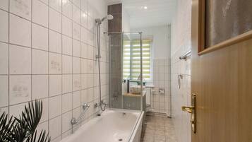 Shower, hair dryer, towels