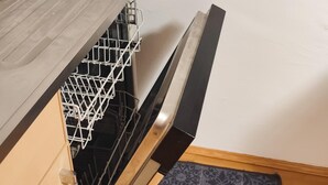 Ett kök med diskmaskin, en bänkskiva i trä och en mönstrad matta.