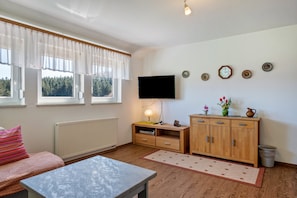 Una habitación con sofá, mesa, televisor, armarios de madera, radiador y ventana con cortinas.