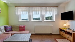 A living room with a sofa, a coffee table, a TV, a radiator, and windows with curtains. - 'Gartenblick' Apartment with Mountain View, Private Terrace, and Wi-Fi (Schramberg)