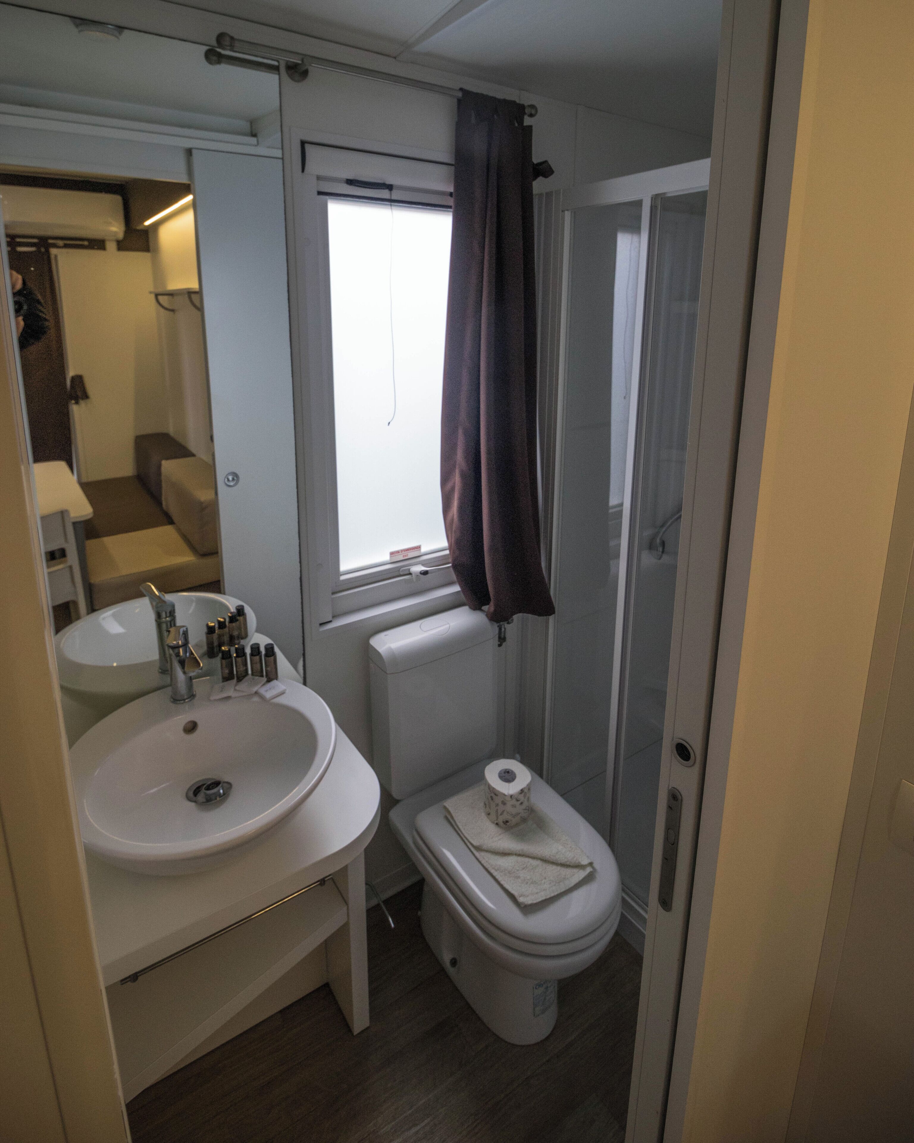 Une petite salle de bain comprenant un lavabo, des toilettes et une douche.
